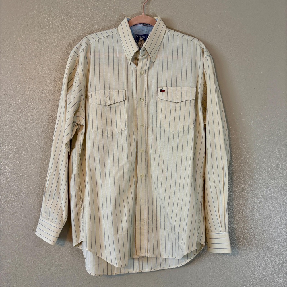 Light Yellow Long Sleeve Button Down Thin Striped Shirt Vintage 80s Men's Medium